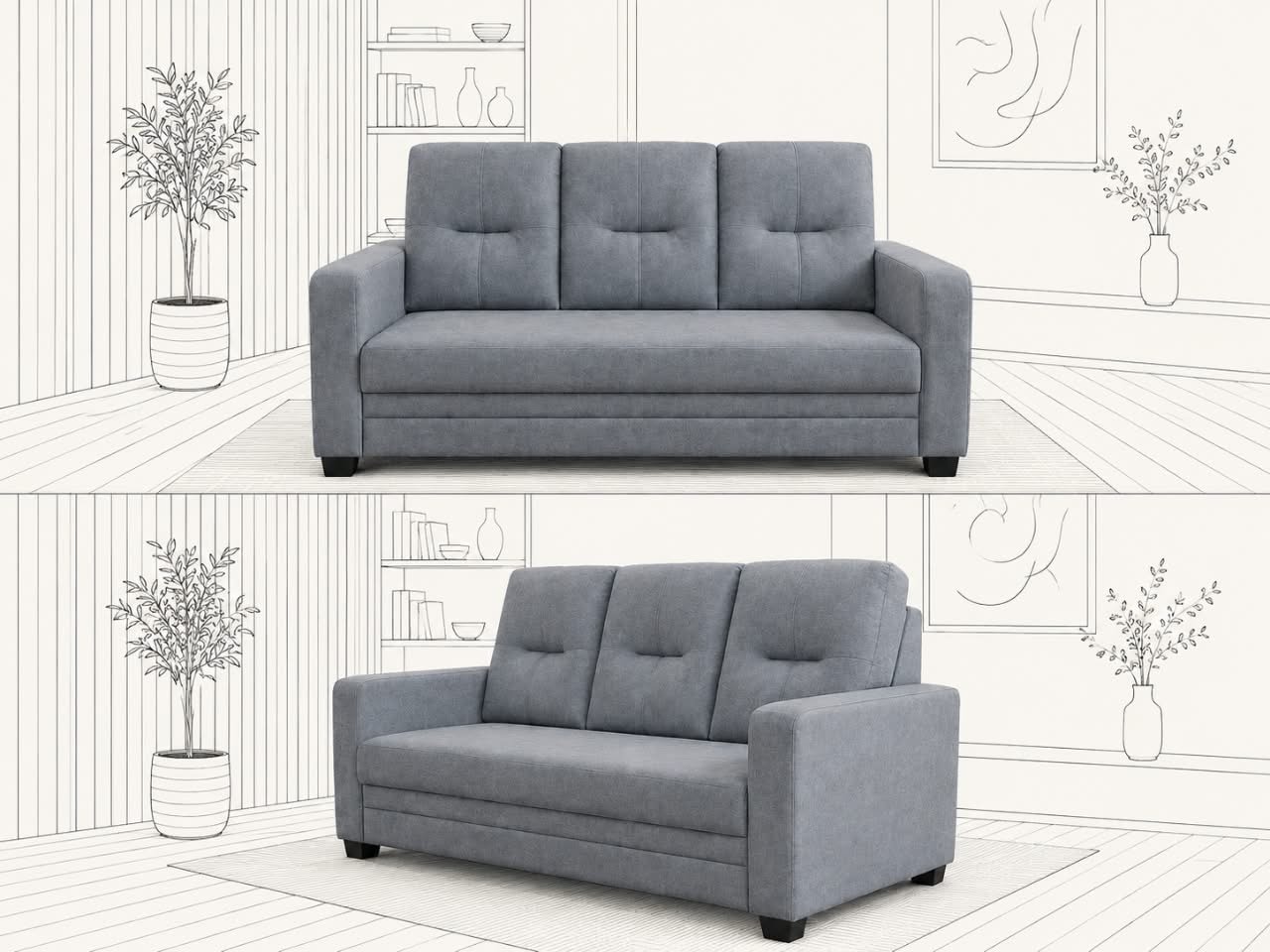 Aoi three-seater sofa in grey fabric, shown from the front and at an angle